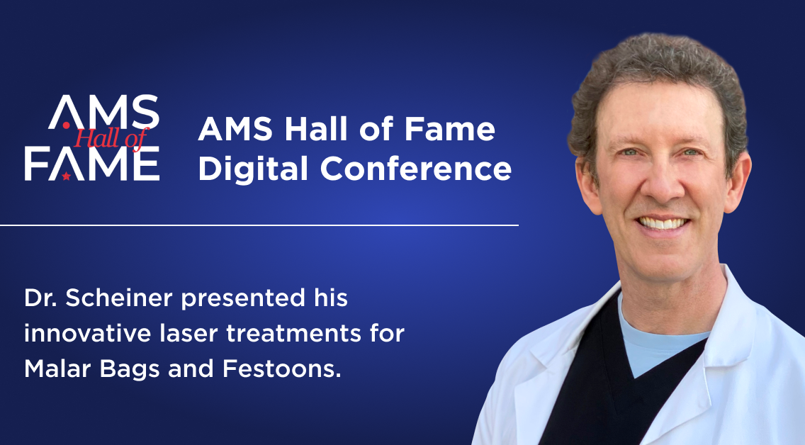 Dr. Scheiner presenting innovative laser treatments for Festoons and Malar Bags at the AMS Hall of Fame Digital Conference, showcasing advanced procedures that enhance patient care globally.